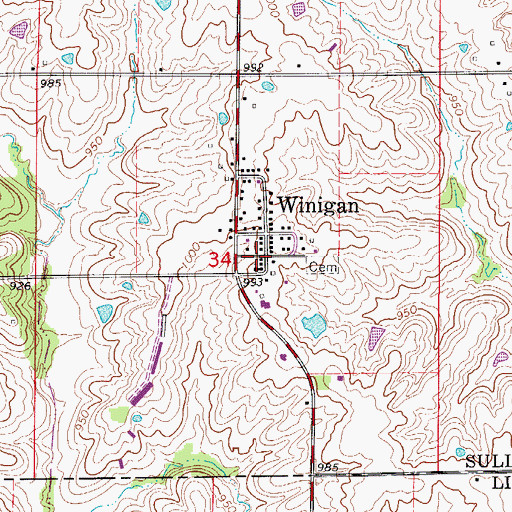 Topographic Map of Winigan Rural Fire Department, MO
