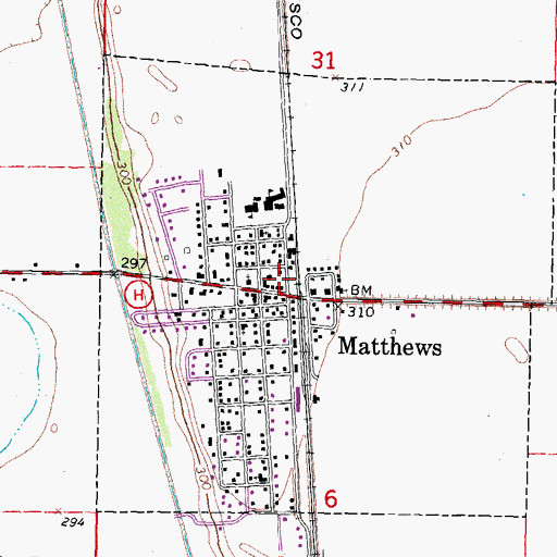 Topographic Map of Matthews Volunteer Fire Department, MO