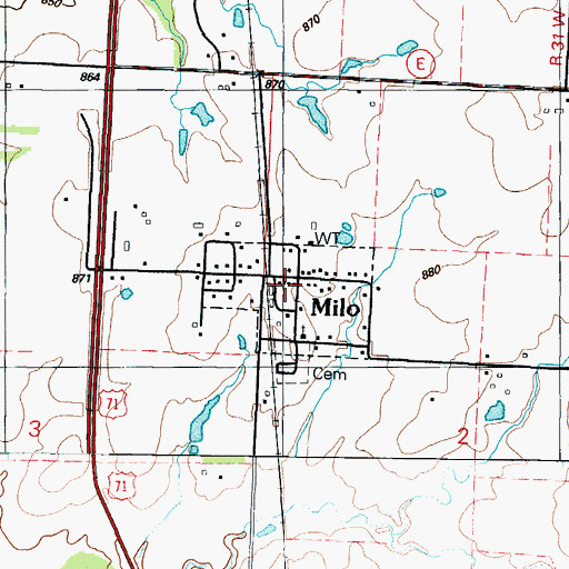 Topographic Map of Milo Rural Fire Department, MO