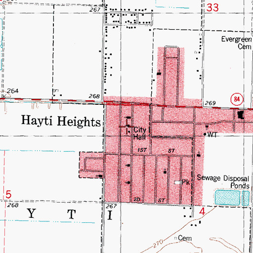 Topographic Map of Hayti Heights Fire Department, MO