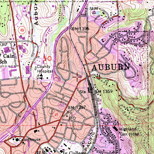 Topographic Map of Auburn City Fire Department Station 1 Martin Park, CA