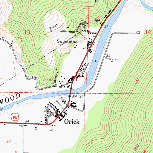 Topographic Map of Orick Volunteer Fire Department, CA