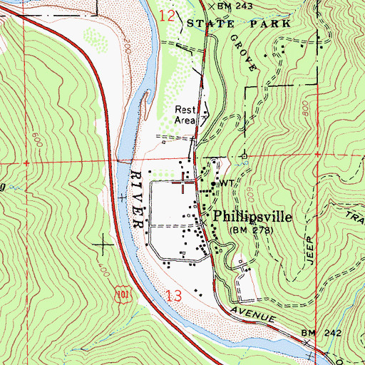Topographic Map of Phillipsville Volunteer Fire Department, CA