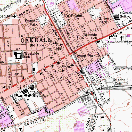 Topographic Map of Oakdale City Fire Department Station 1, CA