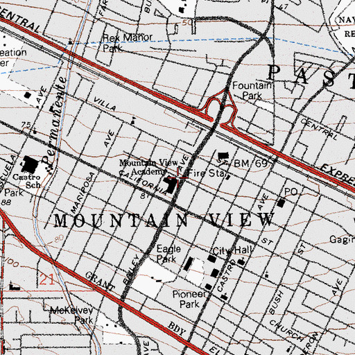 Topographic Map of Mountain View Fire Department Station 1, CA