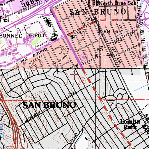 Topographic Map of San Bruno Fire Department Station 51, CA