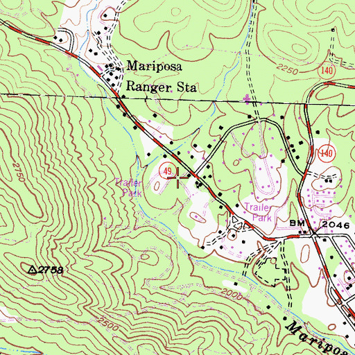 Topographic Map of Mariposa County Fire Department Company 22 Mariposa Public Utility District Fire Station 1, CA