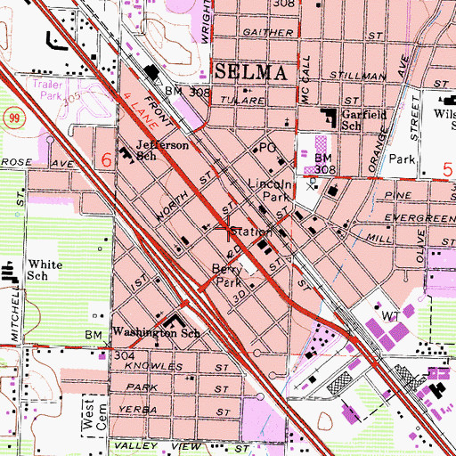 Topographic Map of Selma City Fire Department Station 53, CA