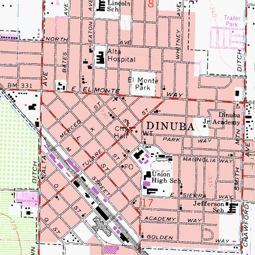 Topographic Map of Dinuba Fire Department, CA