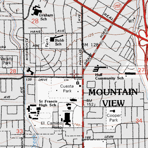 Topographic Map of Mountain View Fire Department Station 2, CA