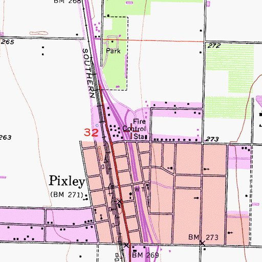 Topographic Map of Tulare County Fire Department Battalion 2 Pixley Fire Station 27, CA