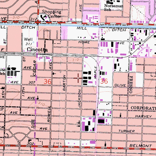 Topographic Map of Fresno City Fire Department Station 1, CA