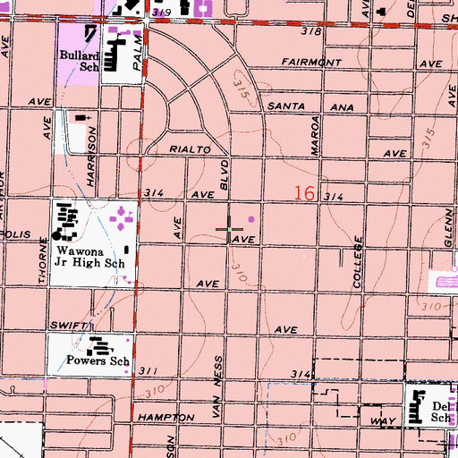 Topographic Map of Fresno City Fire Department Station 20, CA