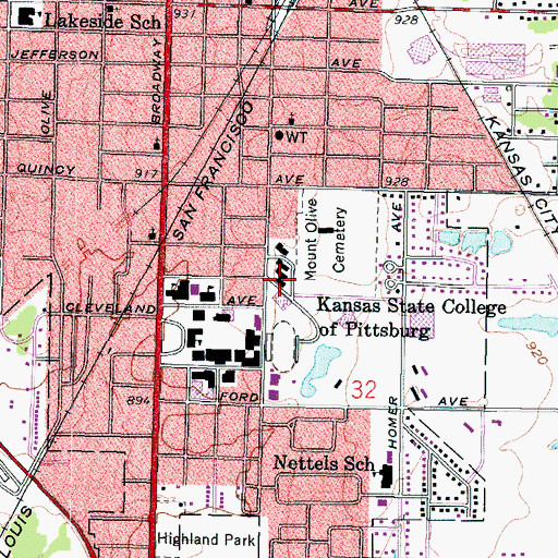 Topographic Map of Pittsburg State University Bowen Hall, KS