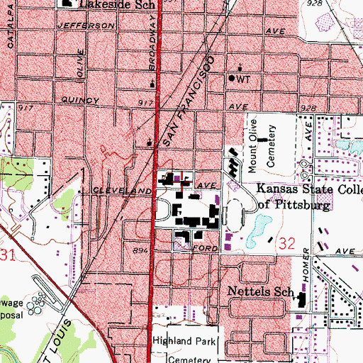 Topographic Map of Pittsburg State University Horace Mann - Student Welcome Center, KS