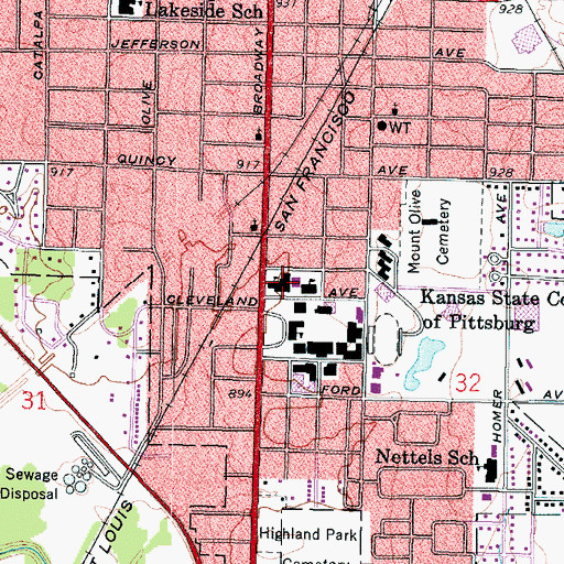 Topographic Map of Pittsburg State University Kelce Center, KS