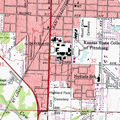 Topographic Map of Pittsburg State University Nation Hall, KS
