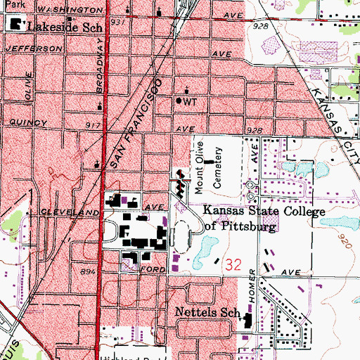 Topographic Map of Pittsburg State University Tanner Hall, KS
