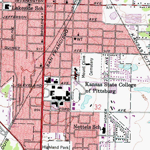 Topographic Map of Pittsburg State University Trout Hall, KS