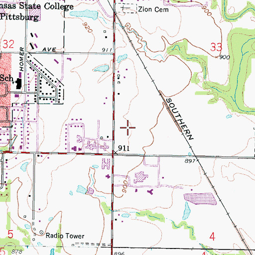 Topographic Map of Pittsburg State University Tyler Research Center, KS