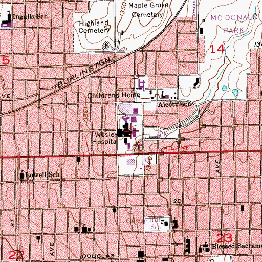 Topographic Map of Wesley Medical Center Heliport, KS