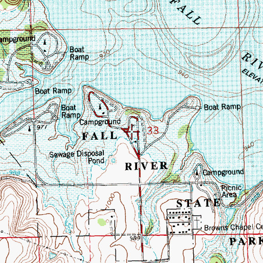 Topographic Map of Fall River State Park Fredonia Bay Campground, KS