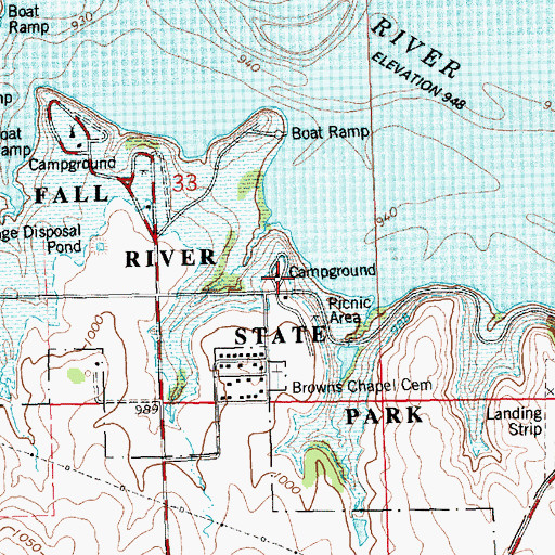 Topographic Map of Fall River State Park Gobbler's Knob Campground, KS