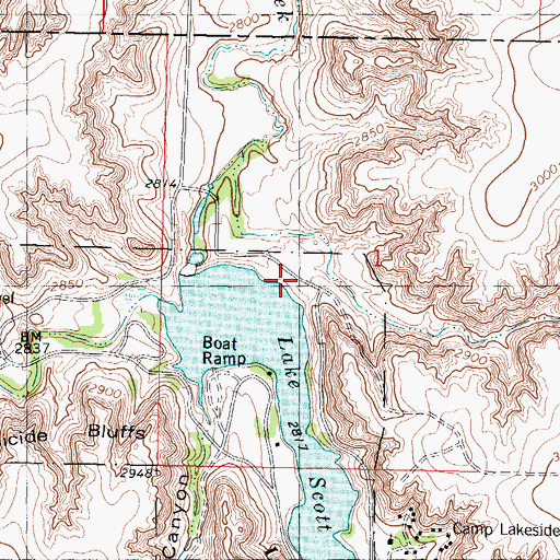 Topographic Map of Scott State Park Bull Canyon South Campground, KS