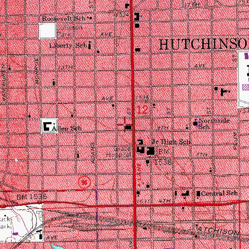 Topographic Map of Hutchinson Public Library, KS