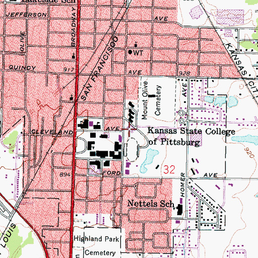 Topographic Map of Pittsburg State University Axe Library, KS