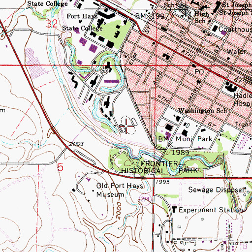 Topographic Map of Fort Hays State University Lewis Field Stadium, KS