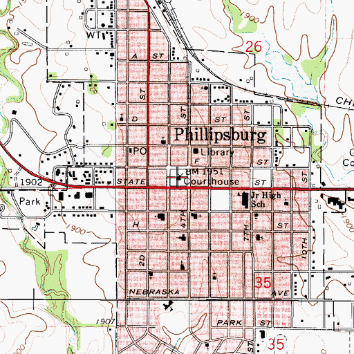 Topographic Map of Phillips County Courthouse, KS