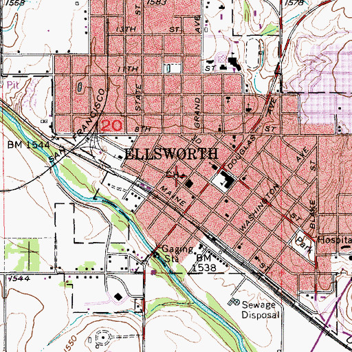 Topographic Map of Ellsworth County Courthouse, KS