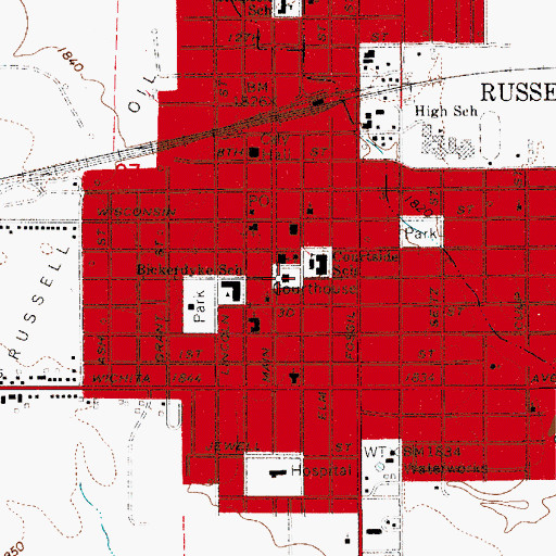 Topographic Map of Russell County Courthouse, KS