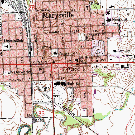Topographic Map of Marshall County Courthouse, KS