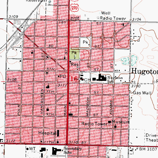 Topographic Map of Stevens County Courthouse, KS