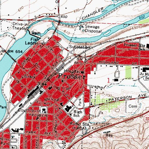 Topographic Map of Prosser Memorial Hospital, WA