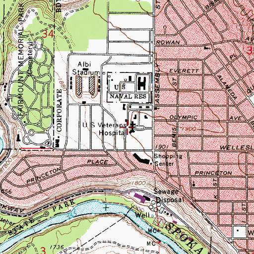 Topographic Map of Mann - Grandstaff Veterans Affairs Medical Center, WA