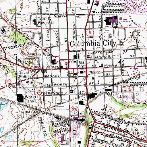 Topographic Map of Columbia City Fire Department, IN