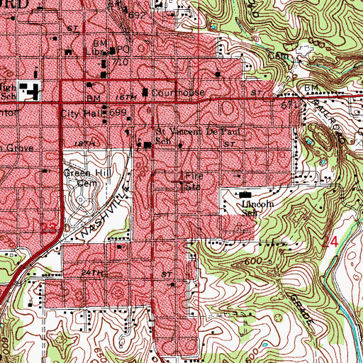 Topographic Map of Bedford Fire Department Station 1 Central, IN