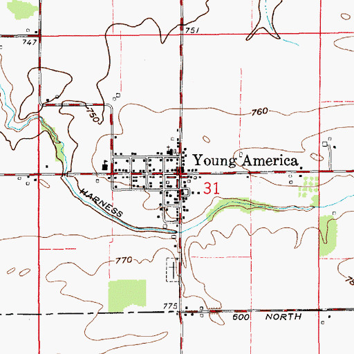 Topographic Map of Young America Volunteer Fire Department, IN
