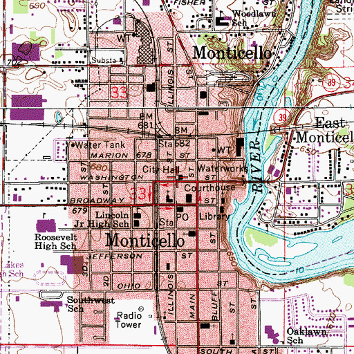 Topographic Map of Monticello Fire Department, IN