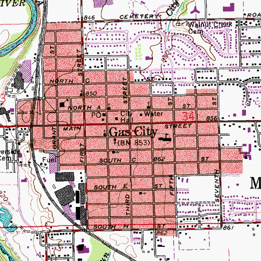 Topographic Map of Gas City Volunteer Fire Department, IN