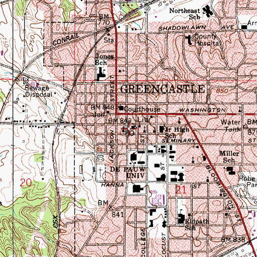 Topographic Map of Greencastle Fire Department, IN