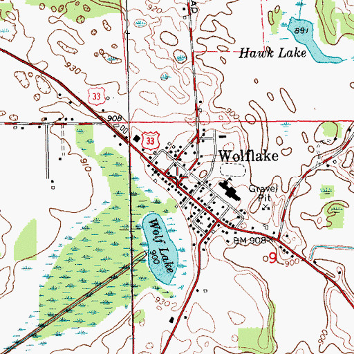 Topographic Map of Wolf Lake Fire Department, IN