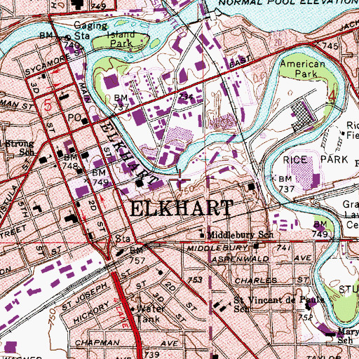 Topographic Map of Elkhart Fire Department Central Station, IN