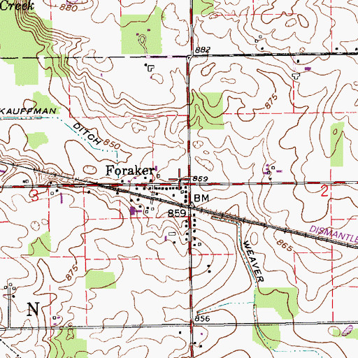 Topographic Map of Foraker Fire Department, IN