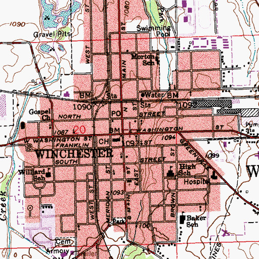 Topographic Map of Winchester Fire Department, IN