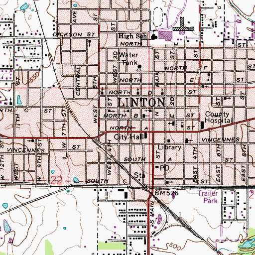 Topographic Map of Linton Fire Department, IN