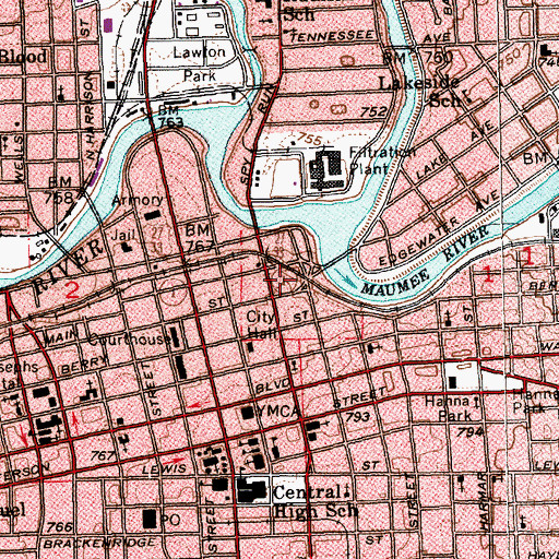 Topographic Map of Fort Wayne Fire Department Station 1, IN